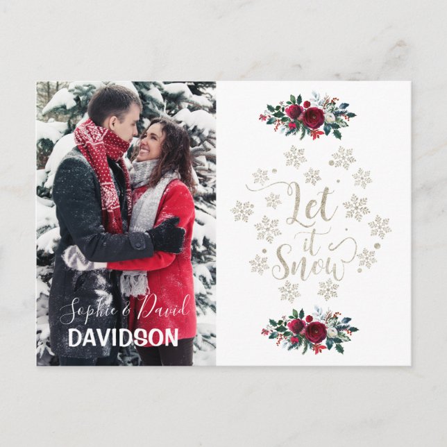 Charm Red Flowers Pine Photo Holiday Let It Snow Invitation Postcard (Front)
