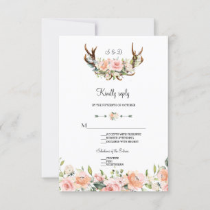 Charm Rose Blush Floral Antlers Mariage RSVP
