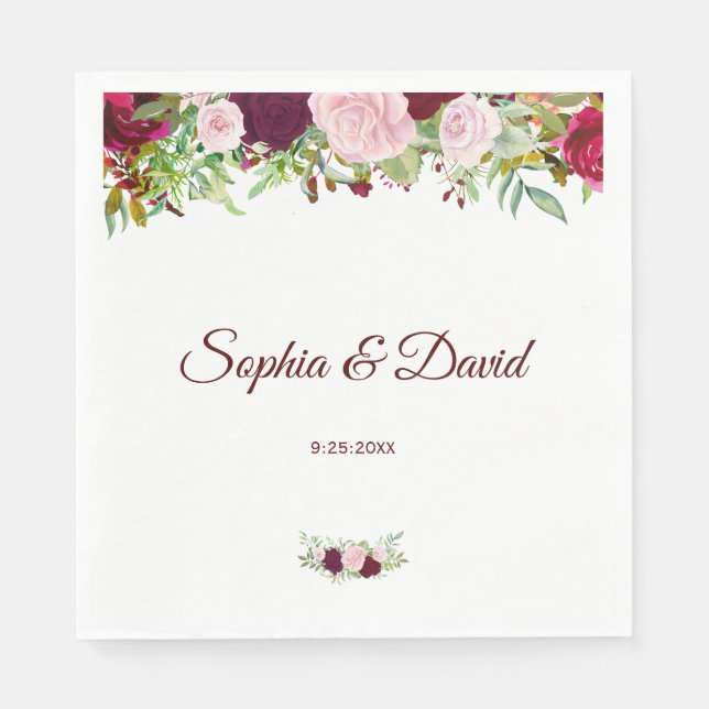 Charm Rustic Burgundy Marsala Floral Wedding Napkin (Front)