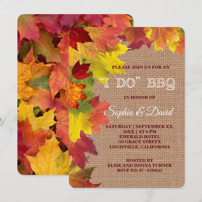 Charm Rustic Fall Leaves Burlap I DO BBQ Invite (Front/Back)