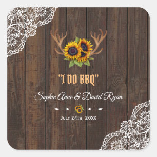 Charm Rustic Sunflowers Antlers Wood Lace I DO BBQ Square Sticker