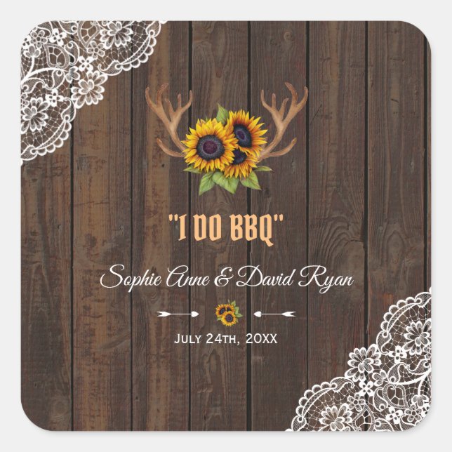 Charm Rustic Sunflowers Antlers Wood Lace I DO BBQ Square Sticker (Front)