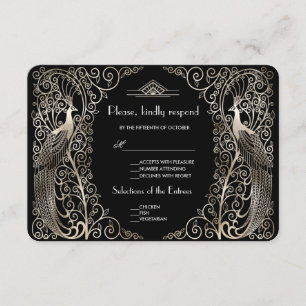 Charm Silver Art Deco Peacocks Wedding RSVP Card