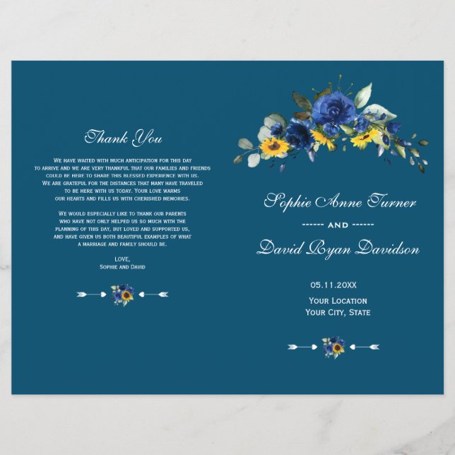 Charm Sunflowers Blue Floral Wedding Program (Front)