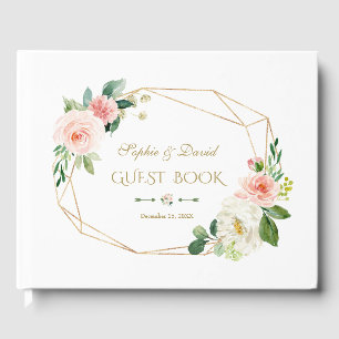 Charm Watercolor Blush Cream Flowers Gold Wedding Guest Book