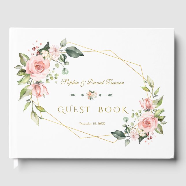 Charm Watercolor Blush Floral Navy Wedding Guest Book (Front)