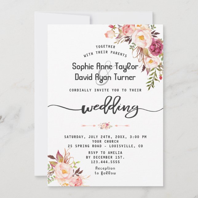 Charm Watercolor Blush Pink Floral Wedding Invitation (Front)