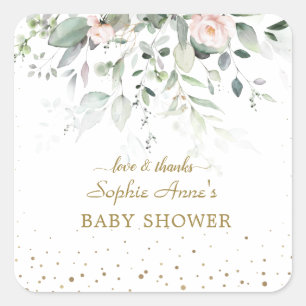 Charm Watercolor Greenery Pink Floral Baby Shower  Square Sticker