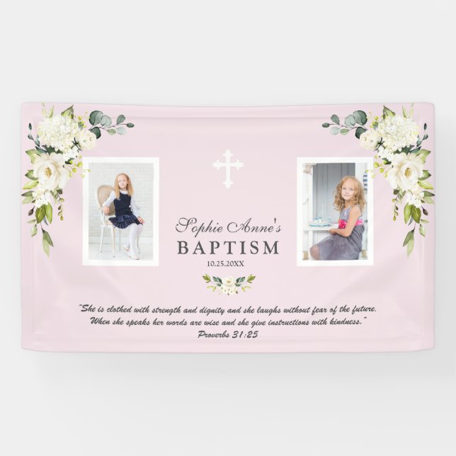 Charm Watercolor White Floral Baptism Girl Photo Banner (Horizontal)