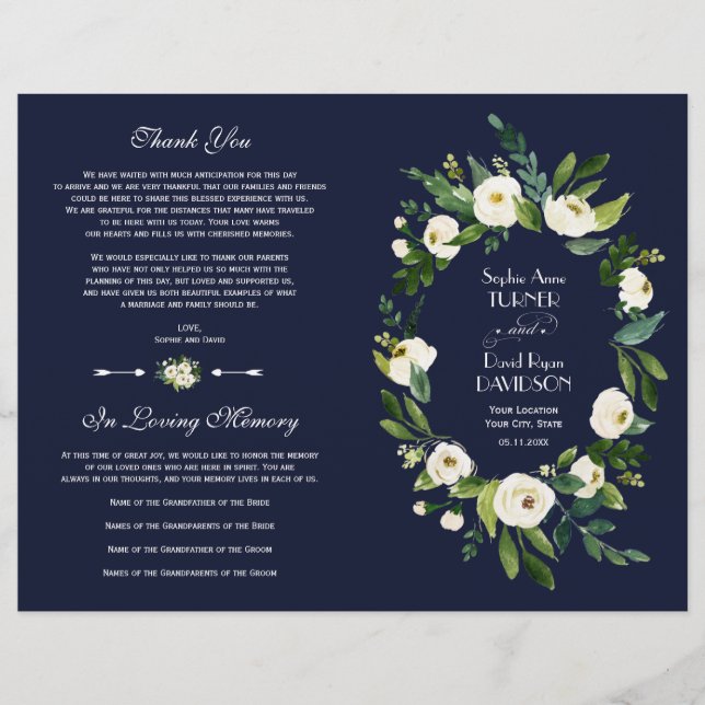 Charm Watercolor White Floral Dark Blue Program (Front)