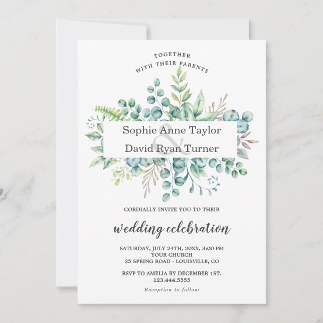 Charm Watercolour Eucalyptus Foliage Frame Wedding Invitation (Front)