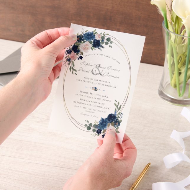 Charm Watercolour Navy Blue Blush Flowers Wedding Vellum Invitations (Handheld)