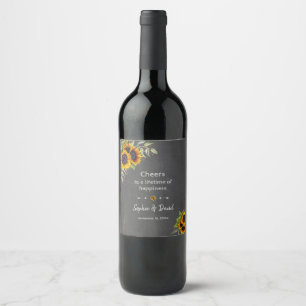 Charm Watercolour Sunflowers Chalkboard Wedding Wine Label