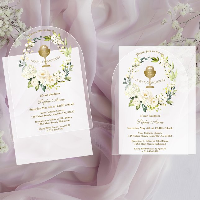 Charm White Cream Floral First Holy Communion Acrylic Invitations (Creator Uploaded)
