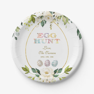 Charm White Cream Flowers Egg Hunt Gold Easter Paper Plate