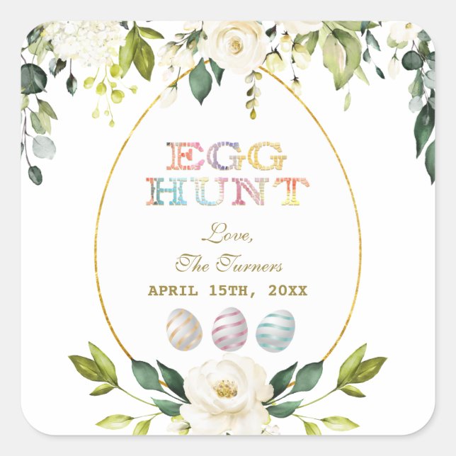 Charm White Cream Flowers Egg Hunt Gold Easter Square Sticker (Front)