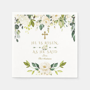 Charm White Cream Flowers He Is Risen Gold Easter Napkin