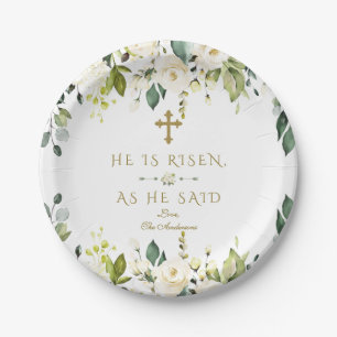 Charm White Cream Flowers He Is Risen Gold Easter Paper Plate