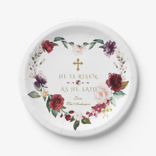 Charm White Cream Flowers He Is Risen Gold Easter Paper Plate