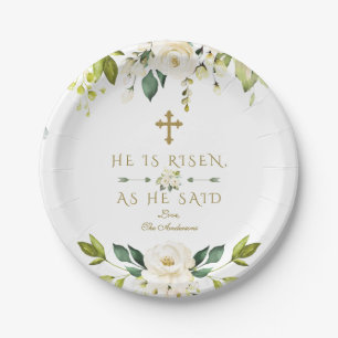 Charm White Cream Flowers He Is Risen Gold Easter Paper Plate