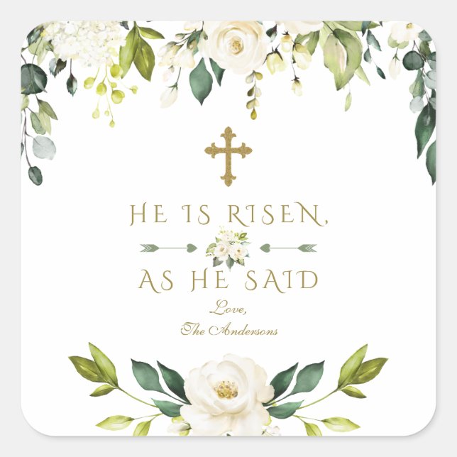 Charm White Cream Flowers He Is Risen Gold Easter Square Sticker (Front)