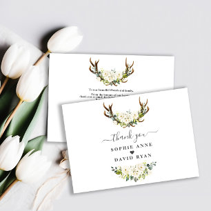 Charm White Cream Ivory Flowers Antlers Wedding Thank You Card