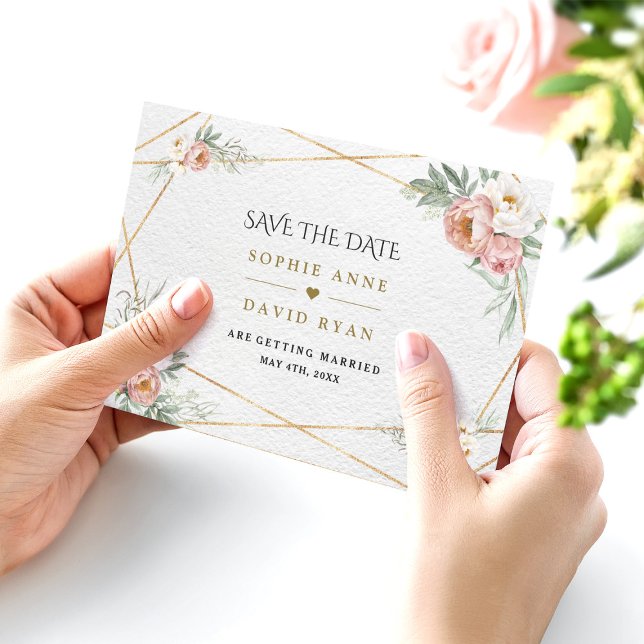Charm White Dusty Rose Flowers Gold Wedding Save The Date (Creator Uploaded)
