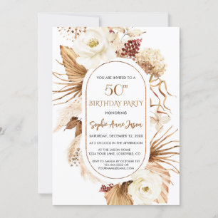 Charm White Floral Pampas Grass Palm 50th Birthday Invitation