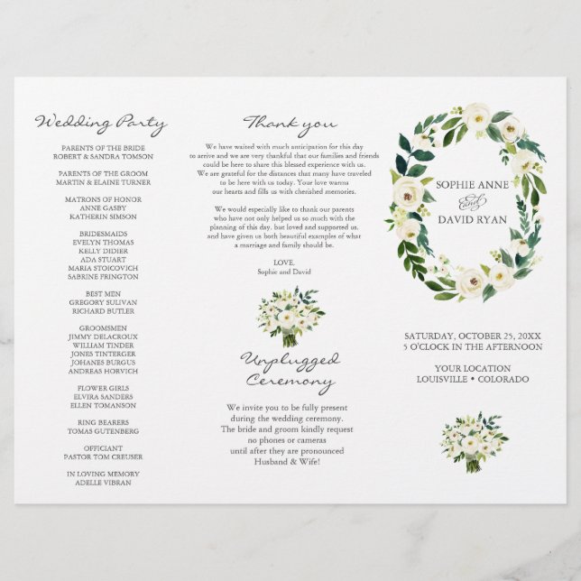 Charm White Floral Wreath Tri+Fold Wedding Program (Front)
