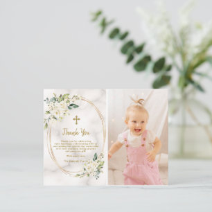 Charm White Flowers Gold Cross Photo Christening Thank You Card