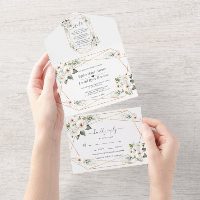 Charm White Flowers Gold Gold Frame Wedding  All In One Invitation (Tearaway)