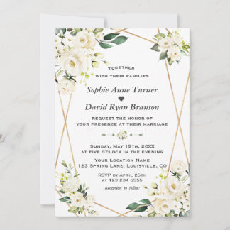 Charm White Flowers Gold Monogram Wedding Invitation