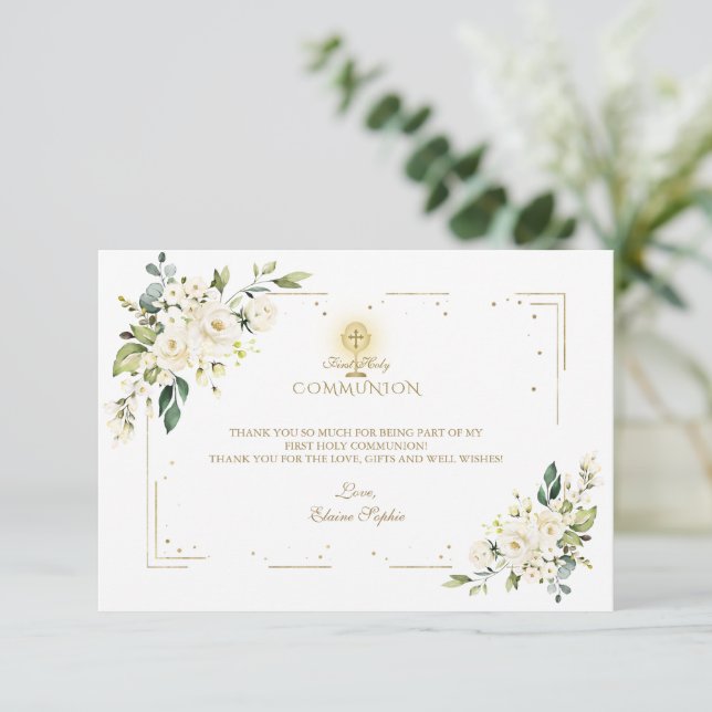 Charm White Flowers Golden Frame Holy Communion Thank You Card (Standing Front)