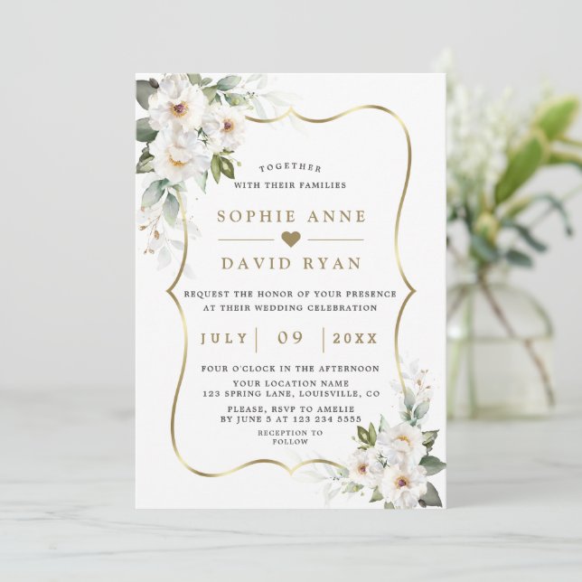 Charm White Flowers Rose Gold Wedding  Invitation (Standing Front)