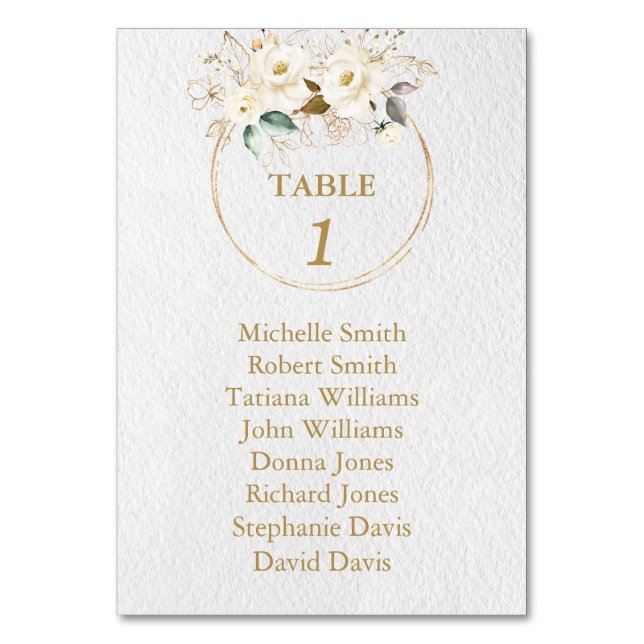 Charm White Gold Flowers Baptism Seating Chart  Table Number (Front)