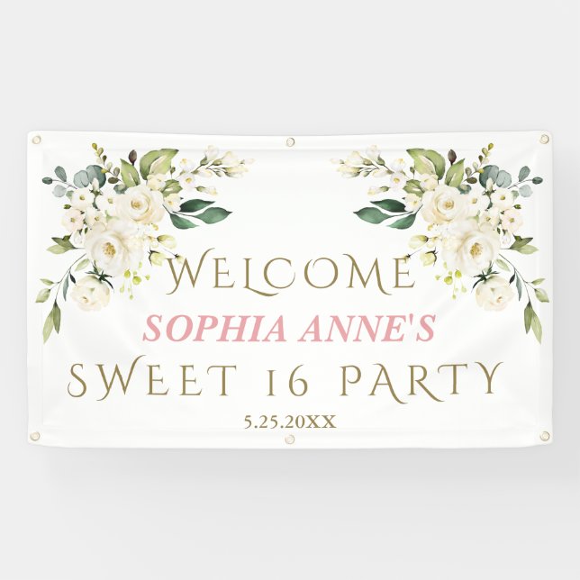 Charm White Ivory Floral Sweet !6 Welcome Sign (Horizontal)