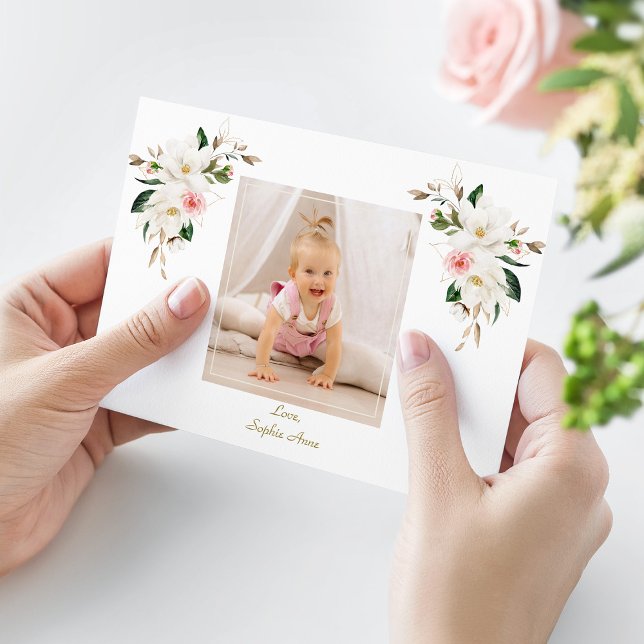 Charm White Magnolia Photo Girl 1st Birthday Thank You Card (Creator Uploaded)