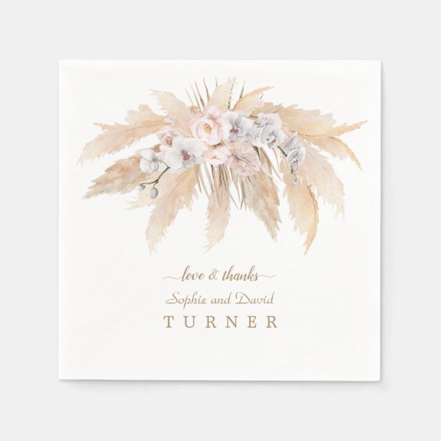 Charm White Orchid Blush Rose Pampas Grass Wedding Napkin (Front)