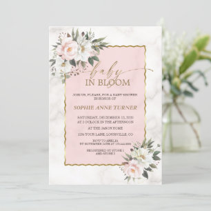 Charm White Pink Flowers Gold Baby in Bloom  Invitation