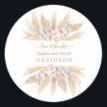 Charm White Roses Pampas Grass Wedding  Classic Round Sticker<br><div class="desc">Unique and elegant design featuring watercolour pink blush roses,  white orchid,  desert pampas grass dried leaves,  on a white background. Use Personalize tool to add your info. For matching items,  please,  visit my Pampas Grass Floral Collection.</div>