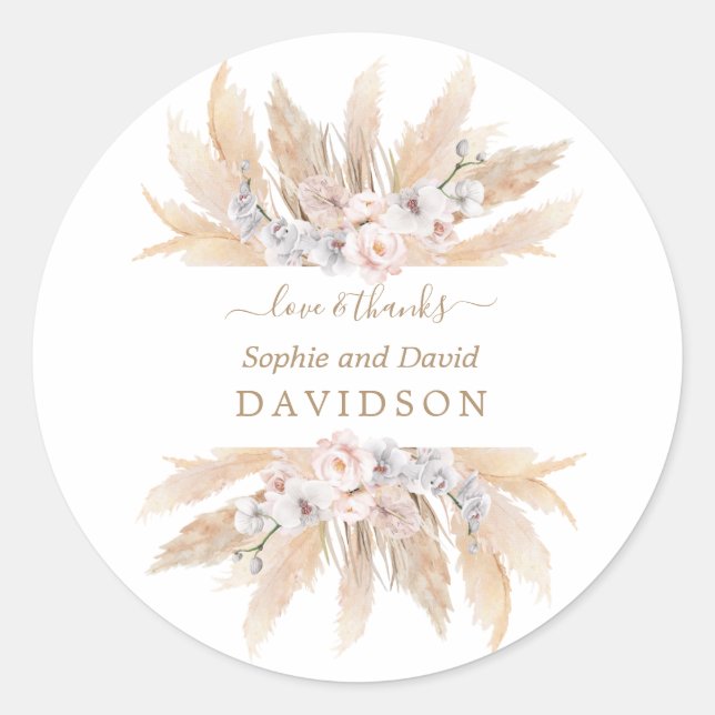 Charm White Roses Pampas Grass Wedding  Classic Round Sticker (Front)