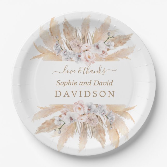 Charm White Roses Pampas Grass Wedding  Paper Plate (Front)