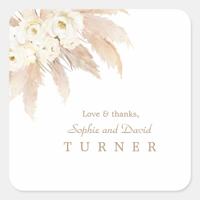 Charm White Roses Pampas Grass Wedding Square Sticker (Front)
