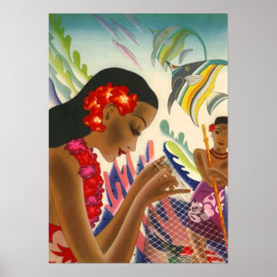 CHARMANT HAWAII VINTAGE ~ POSTER TROPICAL COLORÉ