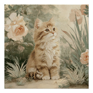 Charmant Poster de Chat Floral Cottagecore 
