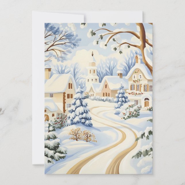 Charmante carte de Noël du village couvert de neig (Devant)