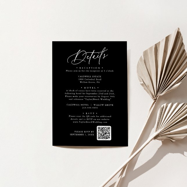 Charme élégant noir foncé Mariage détails carte (Elegant Charm Dark Black Wedding Details Card)