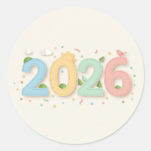 Charming 2026 numbers in pastel paper cutout style classic round sticker
