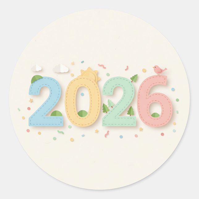 Charming 2026 numbers in pastel paper cutout style classic round sticker (Front)