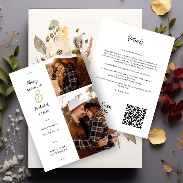 Charming 2 Photos Minimal Wedding QR Code Save The Date (Charming 2 Photos Minimal Wedding Save the Date Downloadable Card with QR Code and Envelope.)